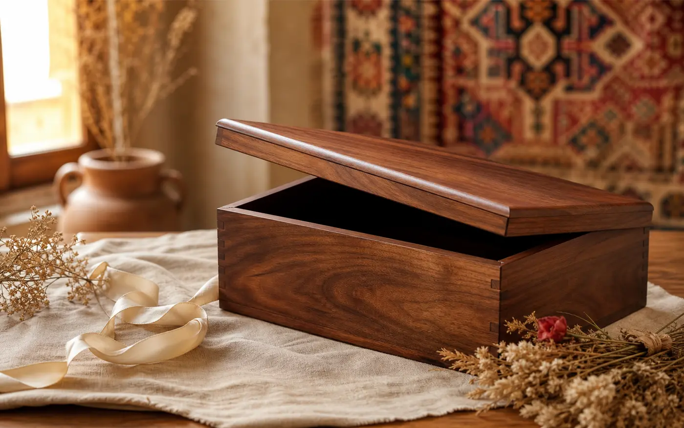 جعبه کادویی چوبی روی پارچه روشن در فضای گرم ایرانی