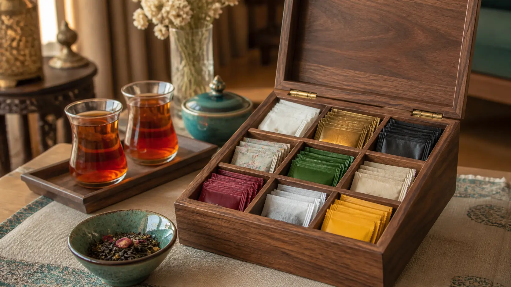 جعبه تی‌بگ چوبی ۹ خانه پر از چای و دمنوش روی میز پذیرایی ایرانی