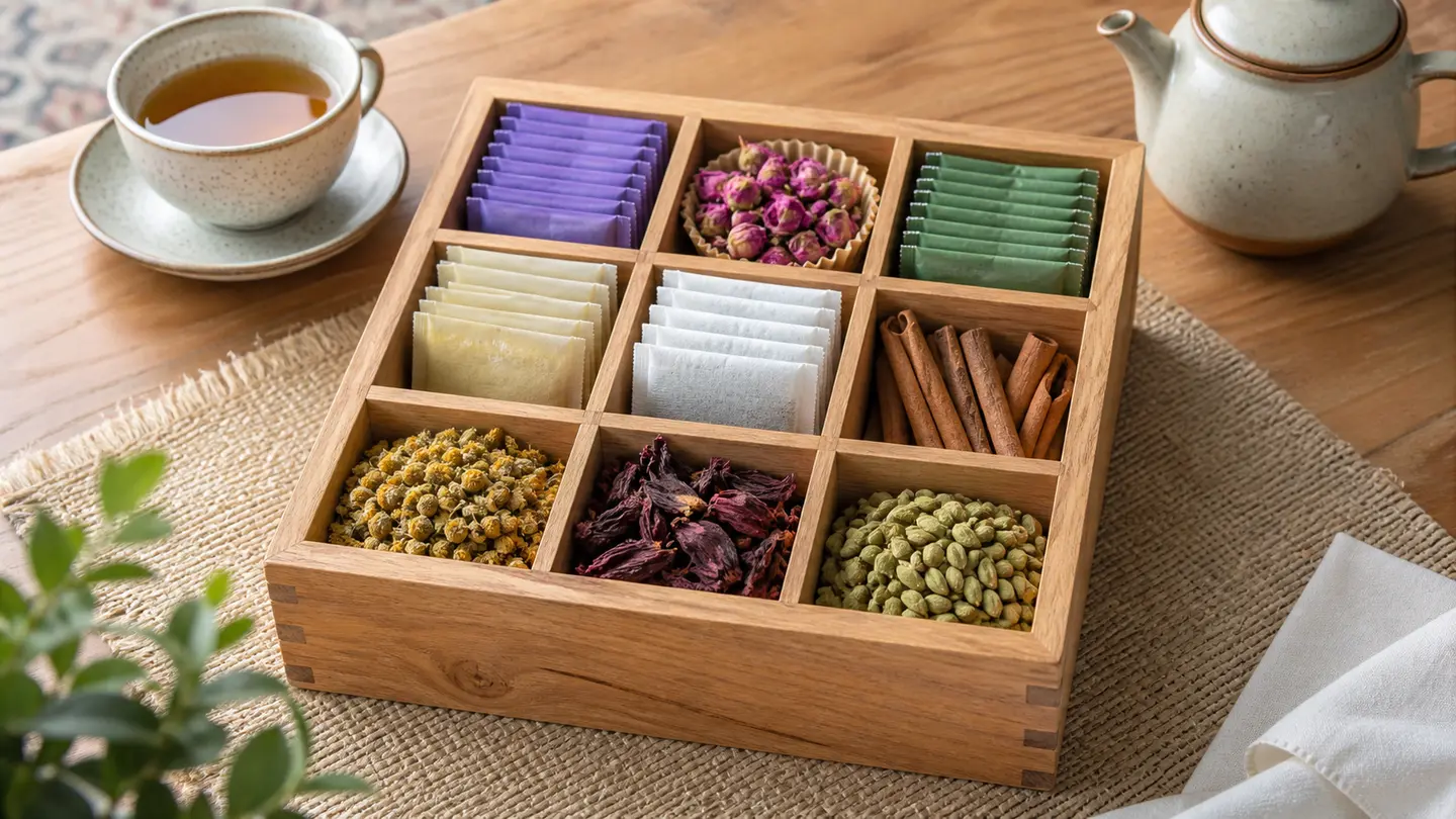 جعبه چوبی ۹ خانه با تی‌بگ، گل محمدی، دارچین و هل روی میز چای