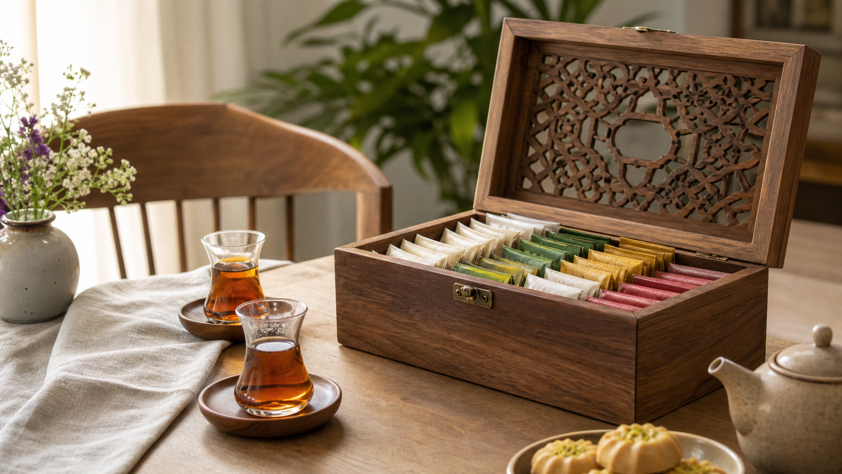 چیدمان میز پذیرایی با جعبه چوبی تی‌بگ و استکان چای
